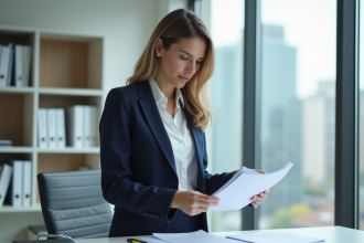 Femme d'affaires en costume navy examine des documents de prêt immobilier