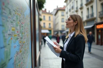 Femme d affaires française étudie un plan urbain en extérieur