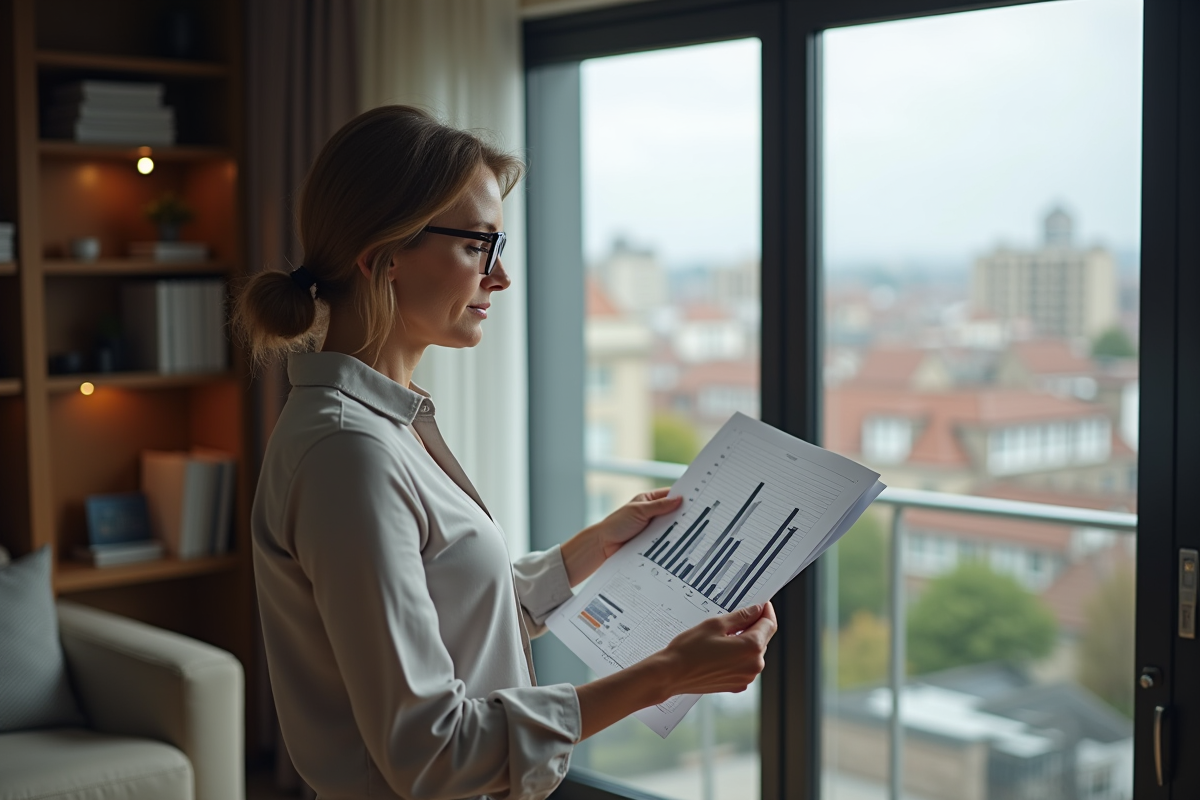 Femme en intérieur examinant graphique de revenus locatifs