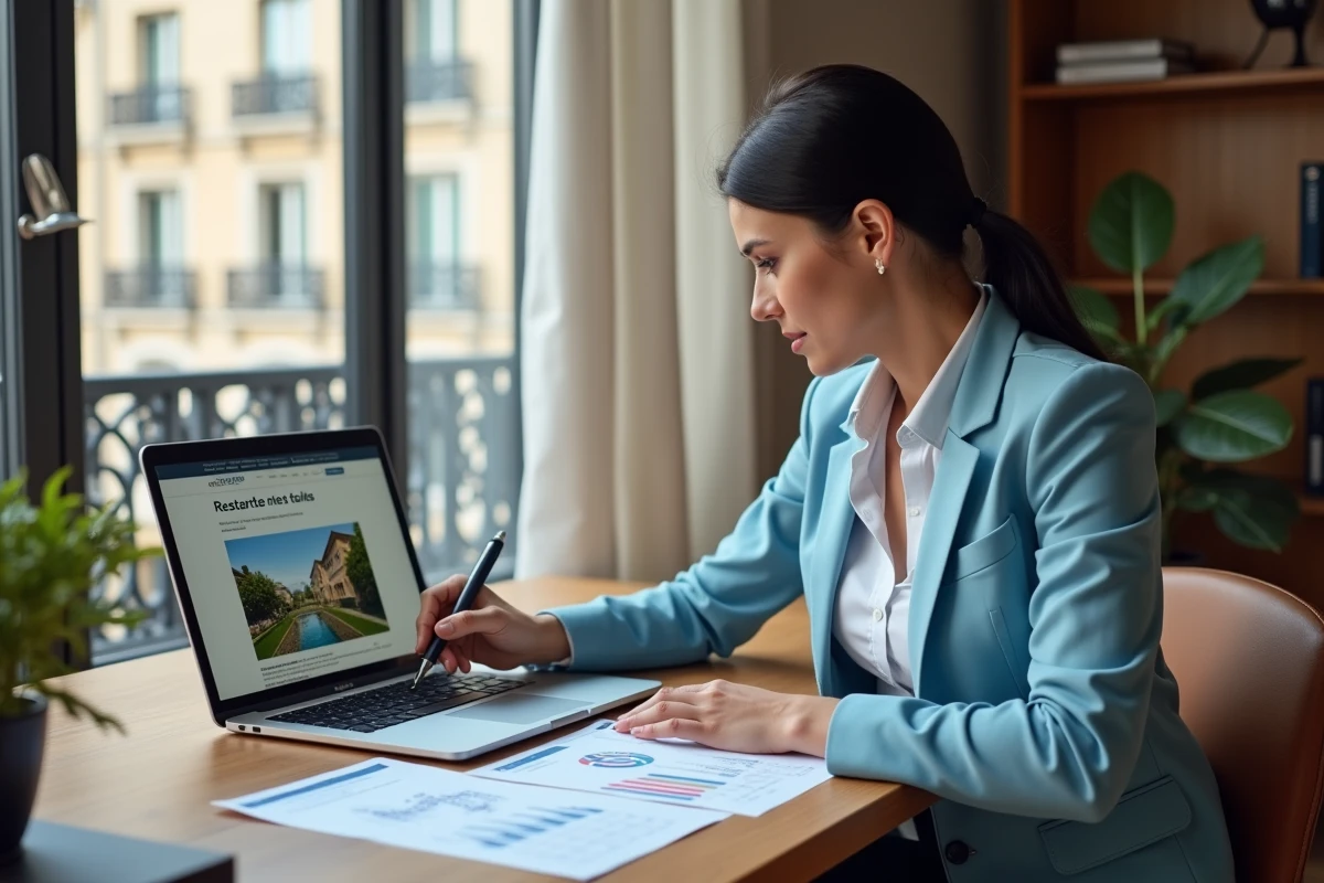 Femme consultant des données immobilières locatives sur ordinateur portable dans un bureau à Lyon pour fixer le bon loyer