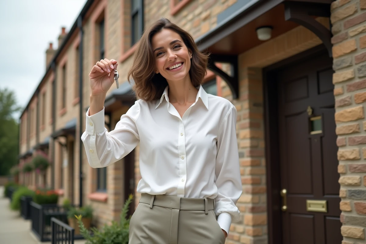 Femme souriante avec clés devant une maison neuve