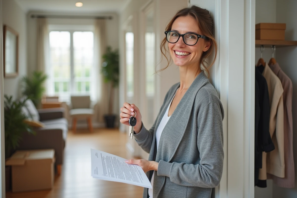 Femme souriante tenant clés et contrat de location dans un appartement
