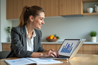 Femme d'affaires regardant un calculateur immobilier