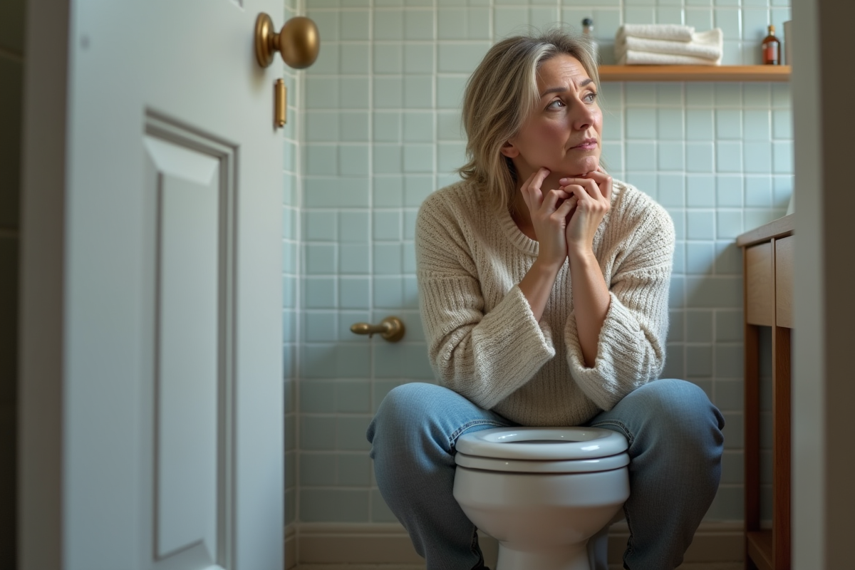 Femme contemplant un toilette en céramique moderne dans une salle de bain
