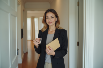 Femme souriante tenant des clés d appartement devant une porte