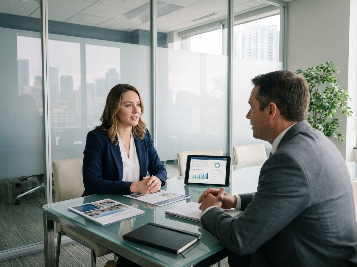 Femme consultant un conseiller financier avant d'investir dans la pierre papier