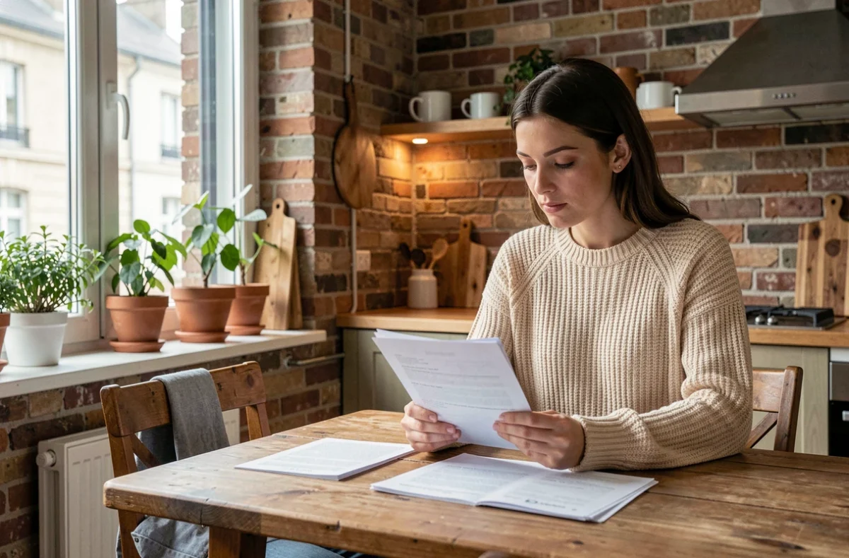 Femme consultant son contrat d'assurance habitation dans un appartement moderne