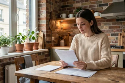 Femme consultant son contrat d'assurance habitation dans un appartement moderne