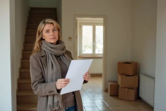 Femme réfléchissant devant une maison à louer dans le nord