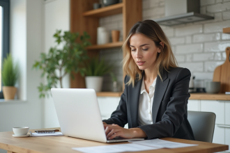 Femme en costume vérifiant ses documents de prêt immobilier