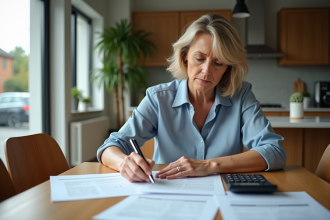 Femme d'âge moyen examine des documents de prêt immobilier