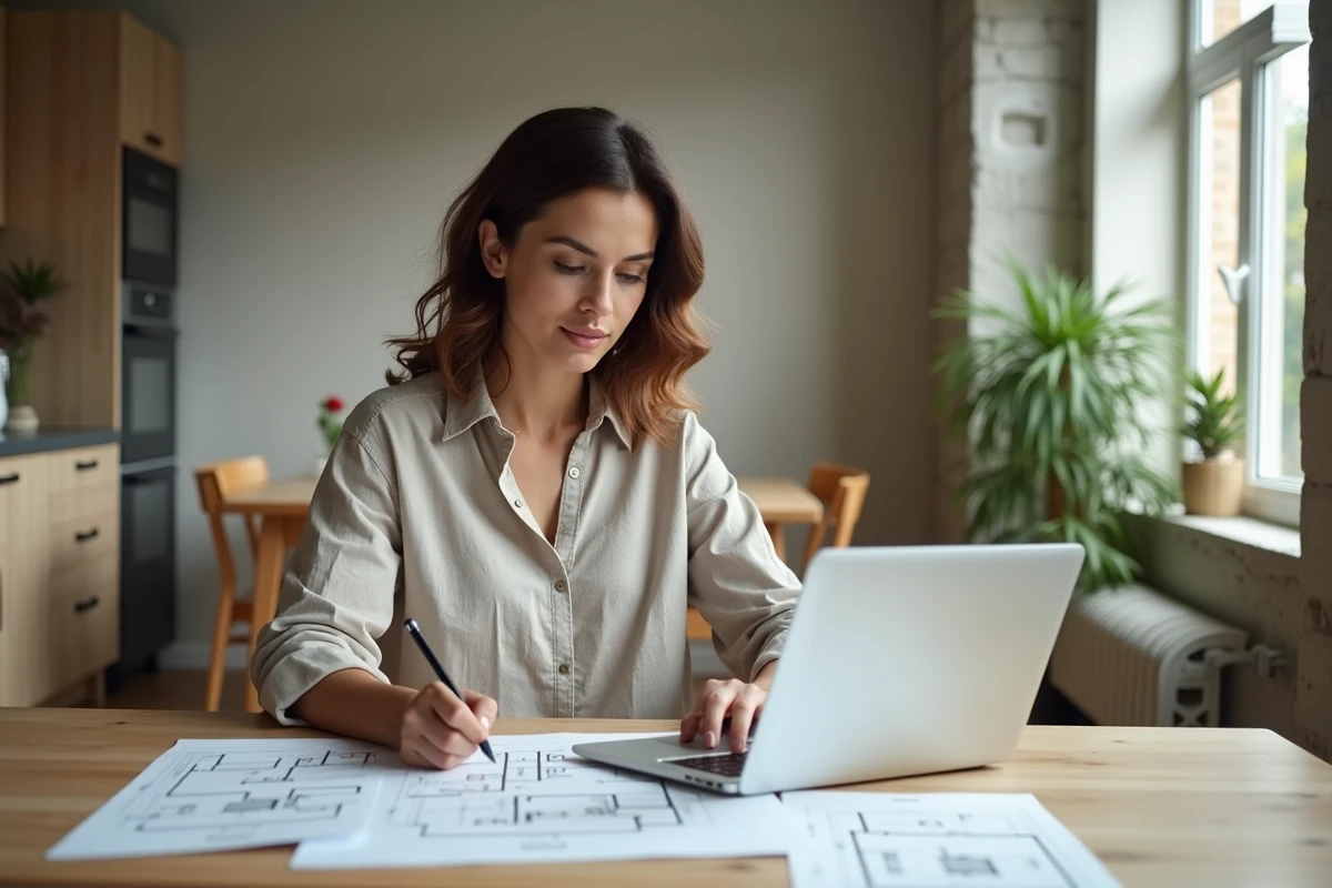 Femme de trente ans étudiant des documents immobiliers et un plan d'appartement dans une cuisine moderne à Toulouse lors d'un premier achat