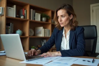Femme consultant des documents fiscaux liés au plafond de ressources de la loi Pinel sur un bureau en bois