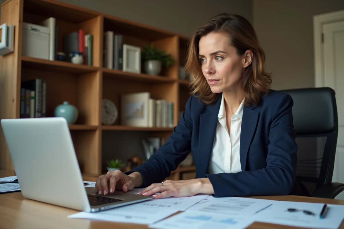 Femme consultant des documents fiscaux liés au plafond de ressources de la loi Pinel sur un bureau en bois