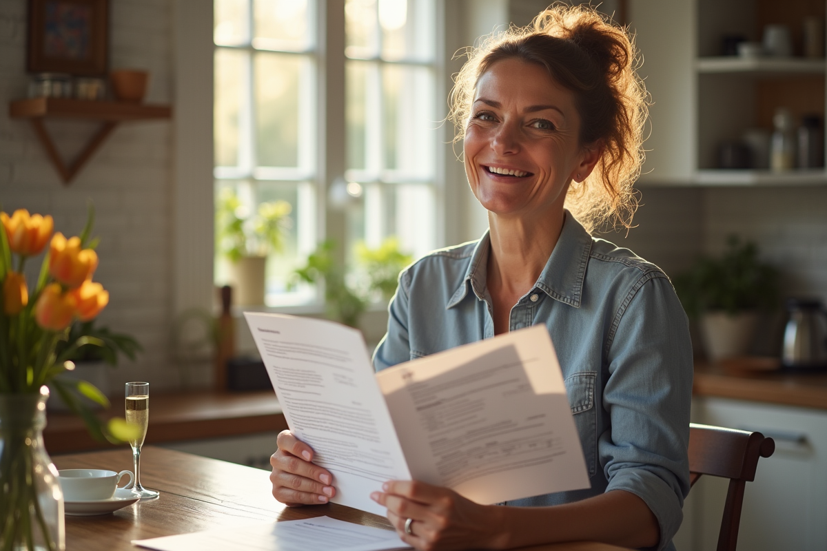 Femme confiante tenant documents et factures dans la cuisine