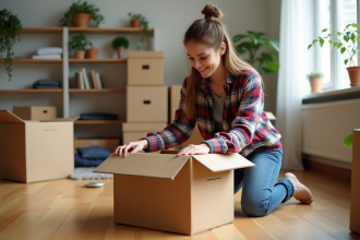 Jeune femme emballant une caisse dans un appartement lumineux
