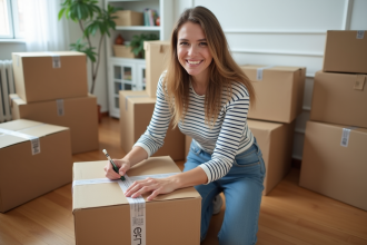 Jeune femme emballant une boîte dans un salon en déménagement