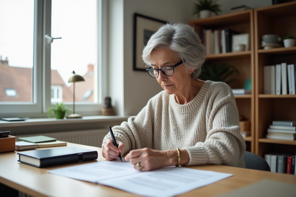 Femme âgée remplissant une déclaration fiscale dans son bureau