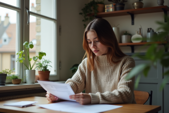 Jeune femme examine ses relevés bancaires dans un appartement cosy