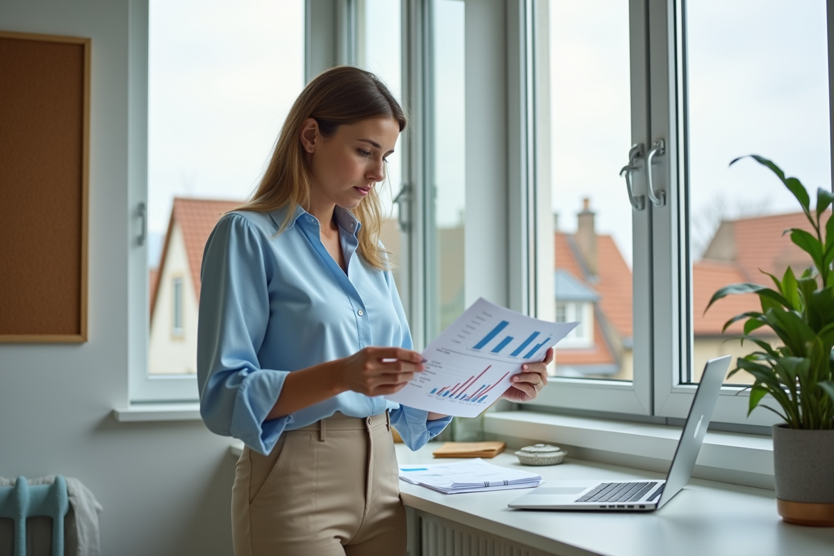 Femme en bureau moderne analyse des graphiques financiers