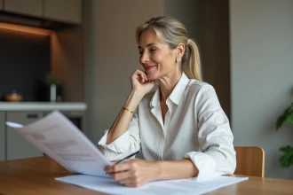Femme d'âge moyen en tenue professionnelle examine des documents immobiliers