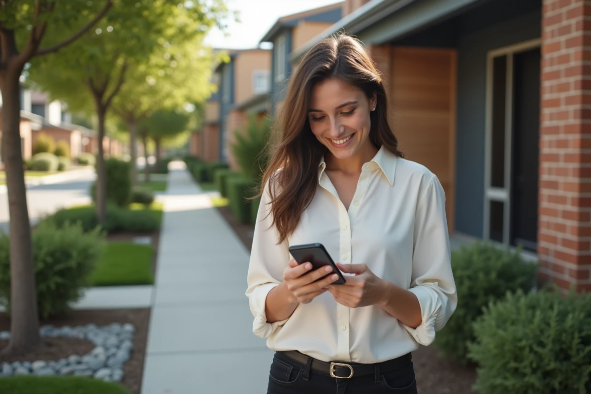 Jeune femme souriante regardant une maison en banlieue