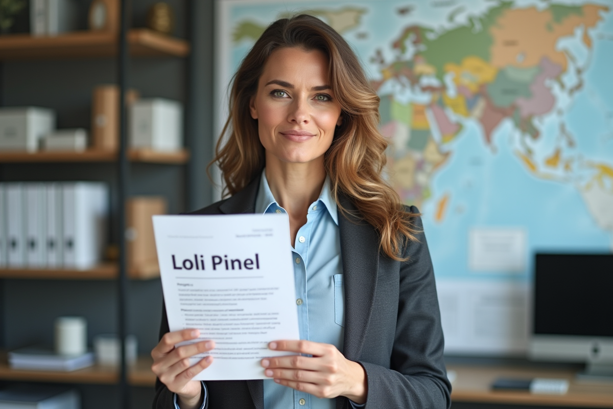 Femme professionnelle montre un document Loi Pinel dans une agence immobiliere