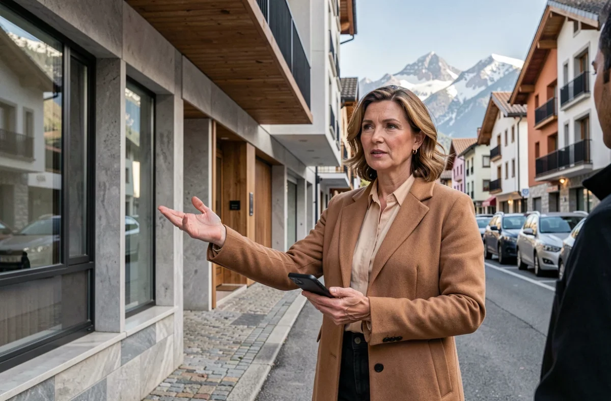 Femme investisseur devant un immeuble résidentiel à Andorre la Vieille lors d'une visite immobilière