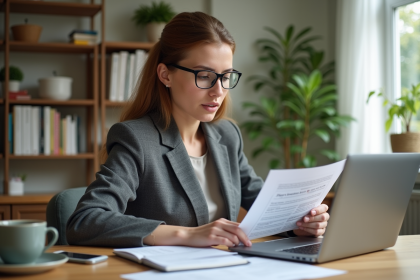 Femme en costume examine documents de prêt immobilier