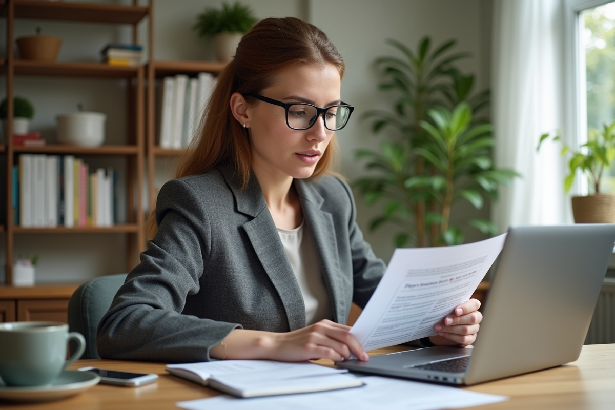 Femme en costume examine documents de prêt immobilier