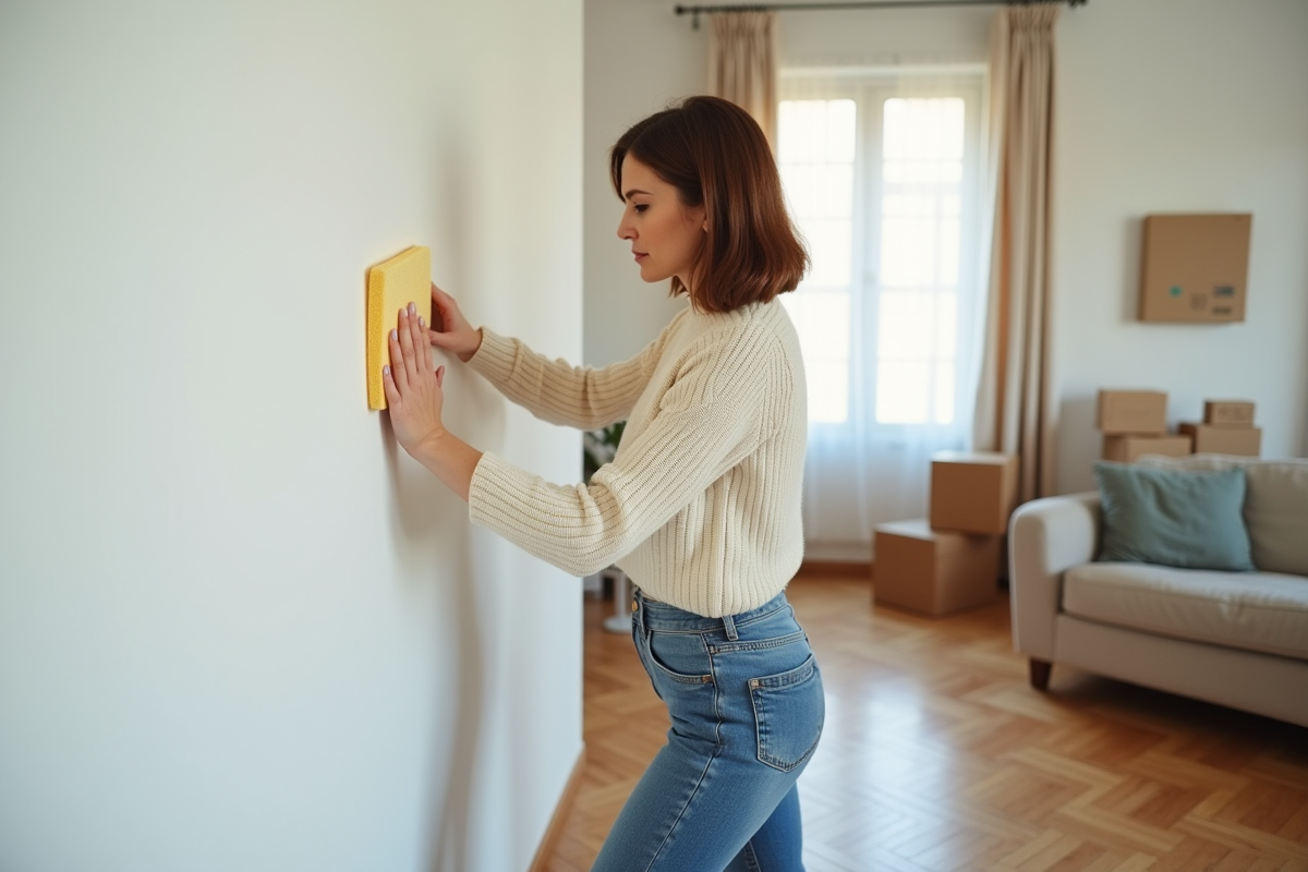 Femme nettoyant un mur blanc dans un salon lumineux