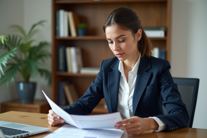 Femme professionnelle examinant documents fiscaux immobiliers
