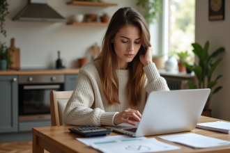 Femme avec papiers de location et ordinateur dans une cuisine lumineuse