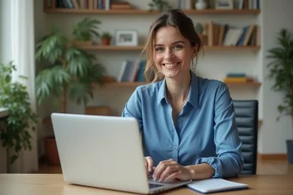Femme professionnelle souriante devant un ordinateur pour la location immobilière