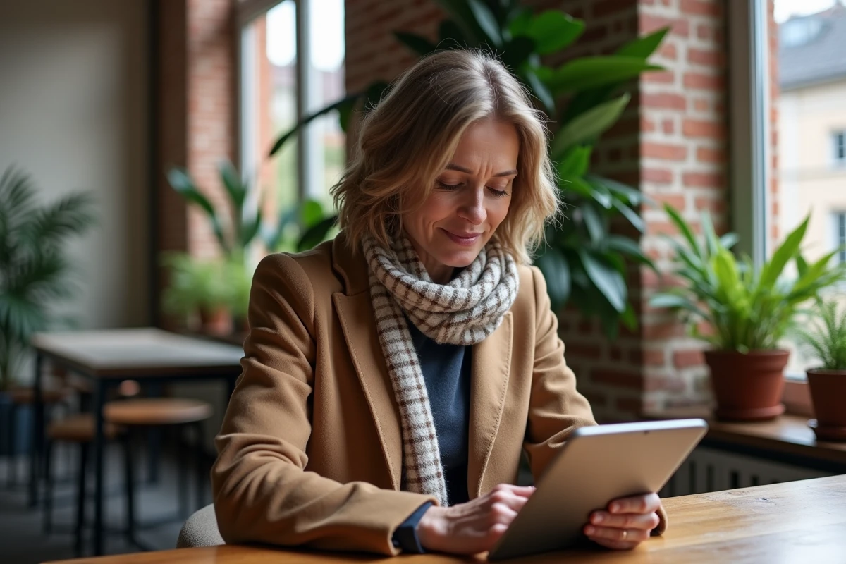 Femme cherchant un appartement sur une tablette