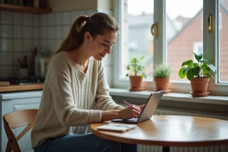 Femme en jeans cherchant logement sur tablette dans cuisine