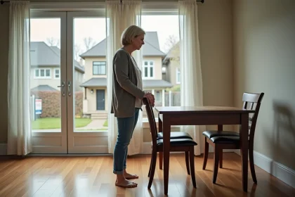 Femme réfléchie dans un salon moderne et lumineux