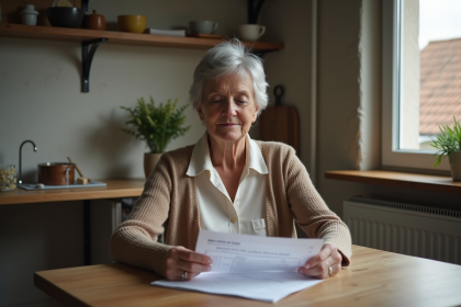 Femme d'âge moyen tenant un formulaire fiscal dans la cuisine