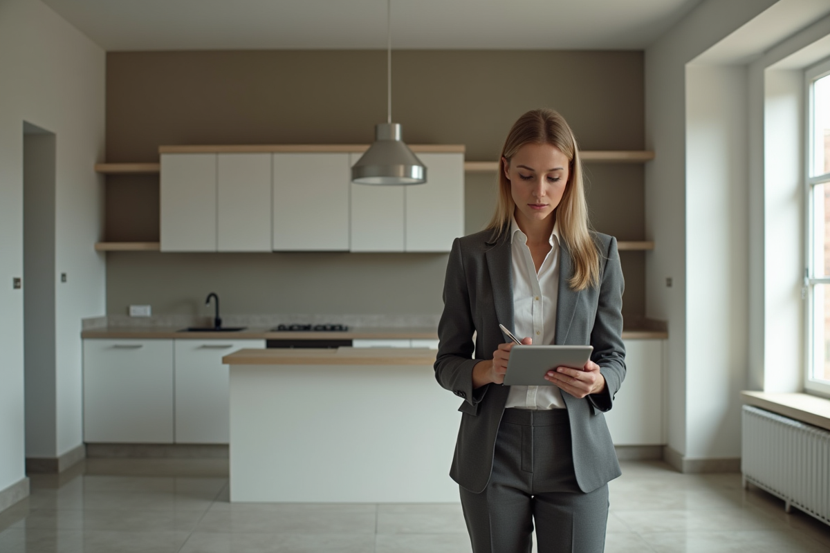 Jeune femme professionnelle dans un appartement rénové