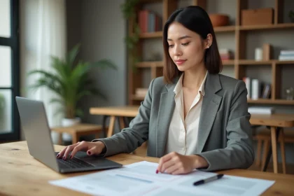Femme en blazer examine documents d'assurance appartement