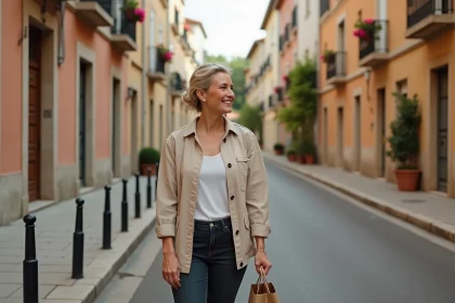 Femme de quarante ans dans une rue résidentielle d'Alès évaluant son quartier avant emménagement en famille