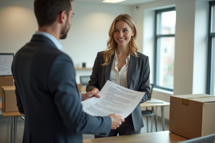 Jeune femme d'affaires remet un document à un responsable RH