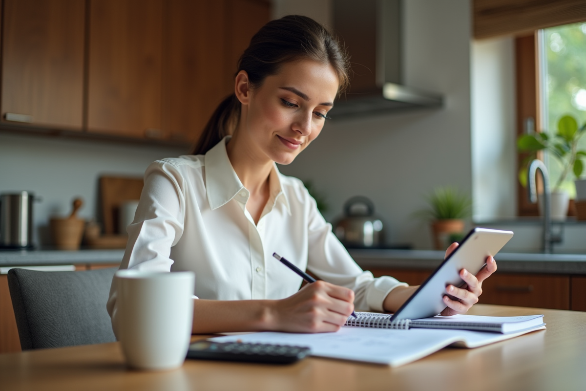 Jeune femme au home travaillant sur un rapport fiscal sur tablette