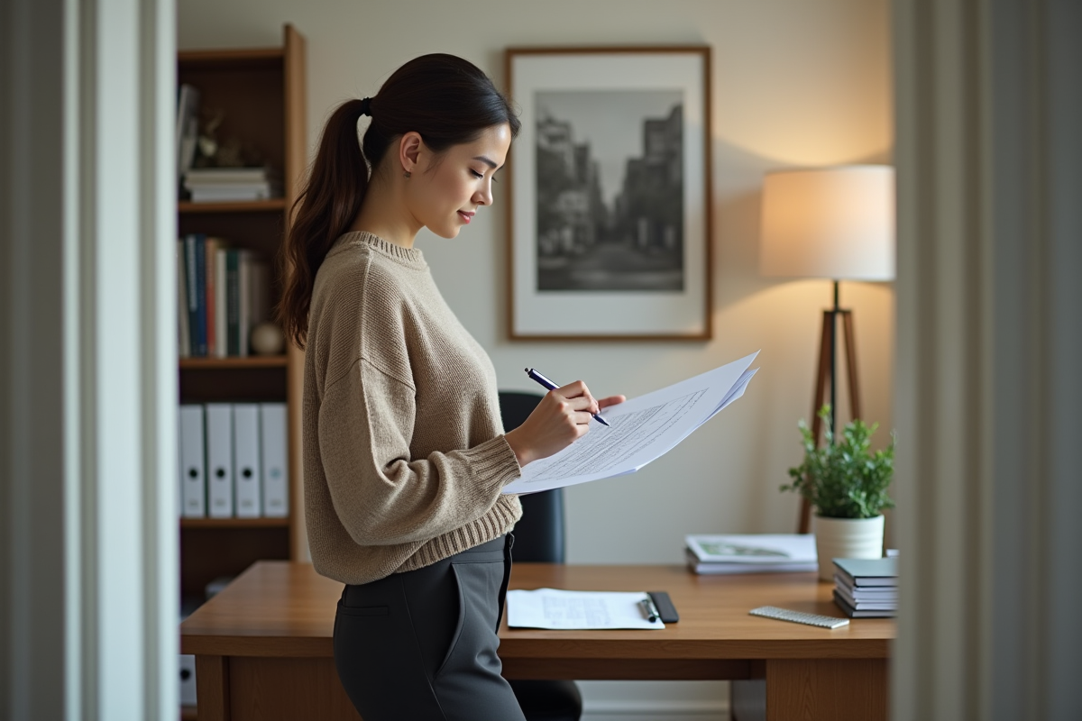 Jeune femme vérifiant un document fiscal dans un bureau