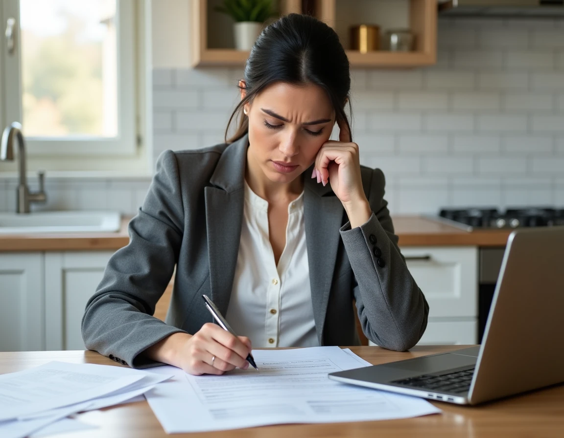 Femme vérifiant les erreurs sur un formulaire de déclaration préalable de travaux à la maison