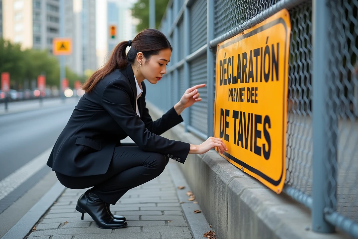 Jeune femme inspecte un panneau de travaux PVC en zone urbaine