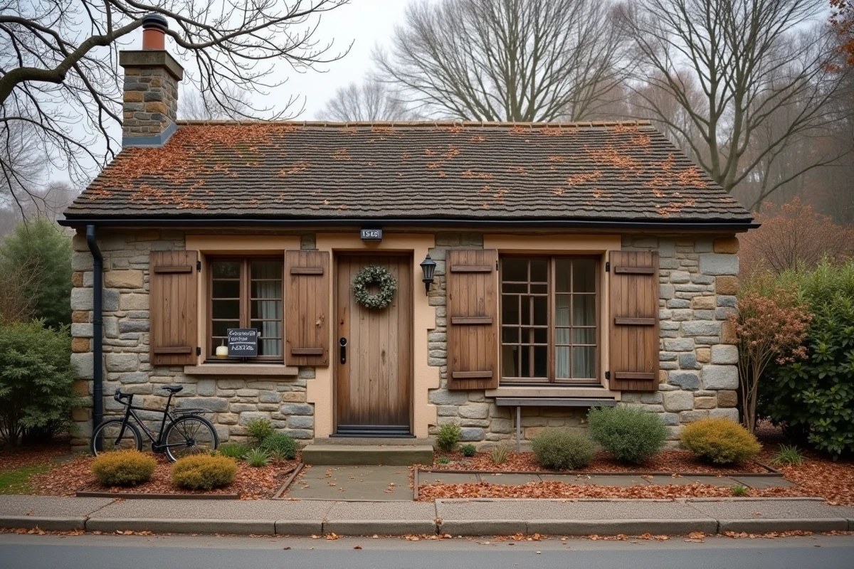 Gîte Airbnb saisonnier en pierre avec décoration automnale sur la porte d'entrée, illustrant la location en période creuse