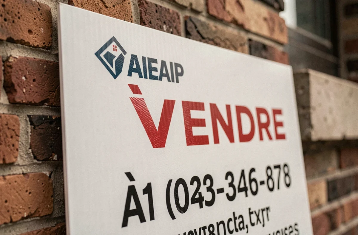 Gros plan d'un panneau immobilier imprimé en PVC avec texte À Vendre et logo agence