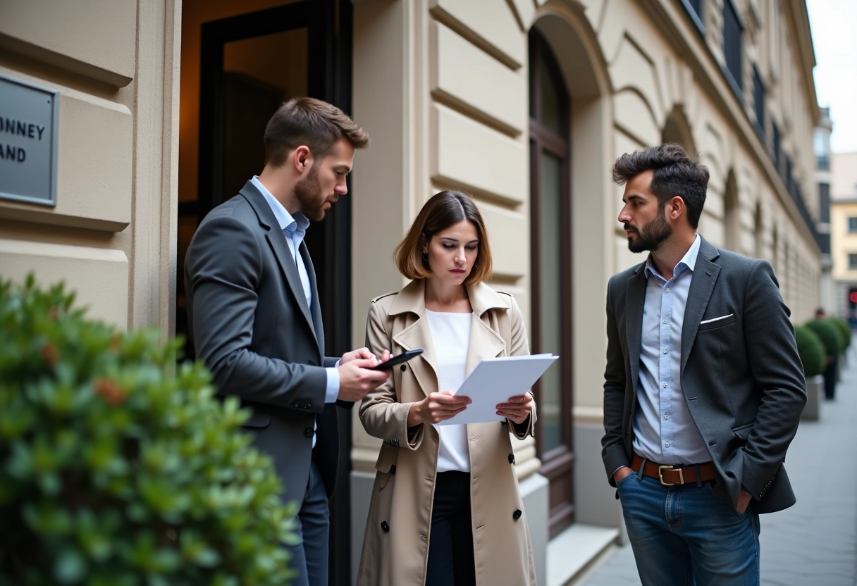 Groupe de trois adultes devant un immeuble européen