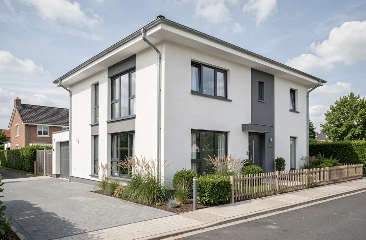 Maison individuelle moderne construite par le Groupe BCMI à Poitiers, avec façade blanche et grise et jardin paysagé